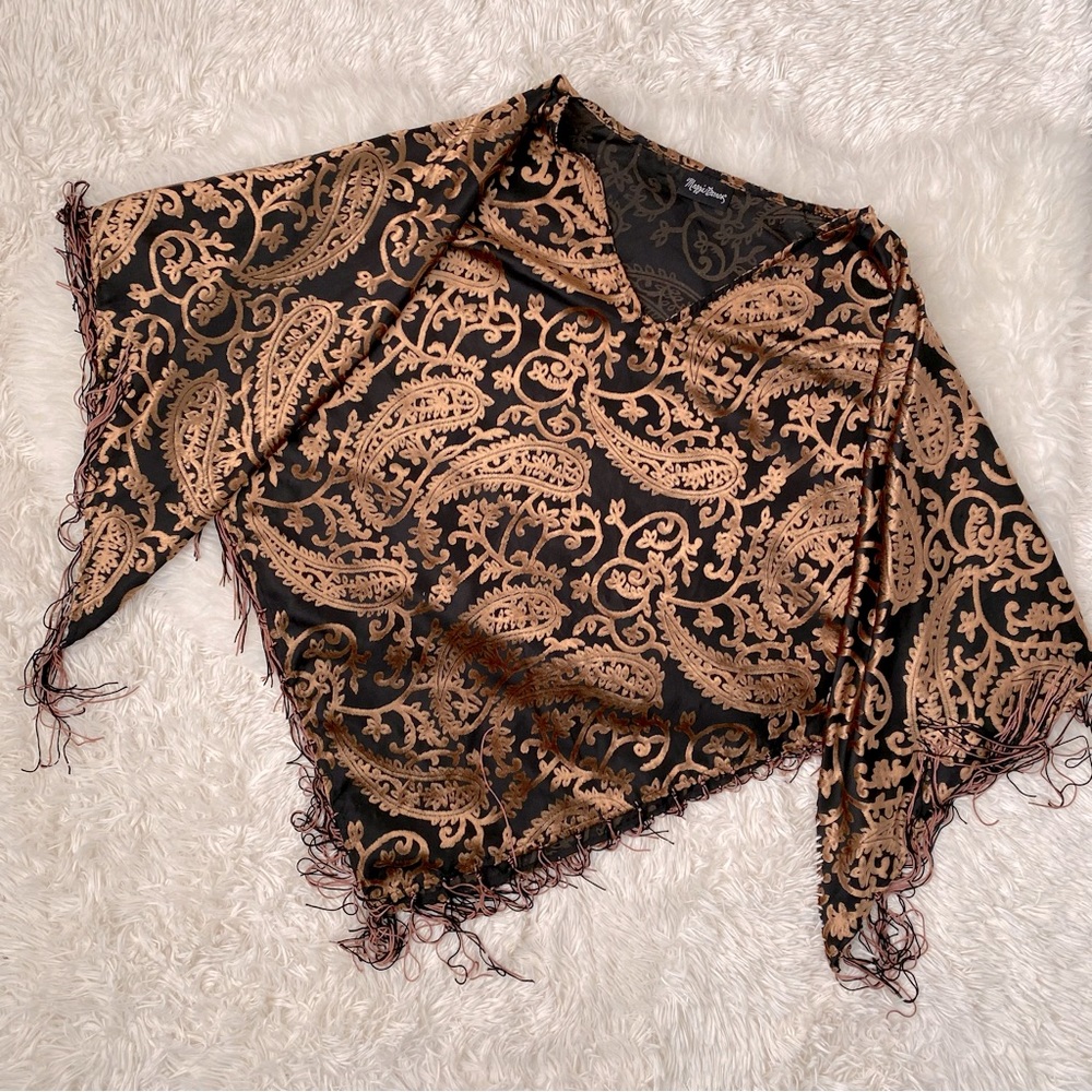 Maggie Barnes Vintage 1990s Flocked Velvet Fringed Poncho Top